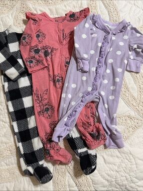 Kids Footed One-Piece Sleepers - Pink Floral, Lavender Polka Dot, Black Check